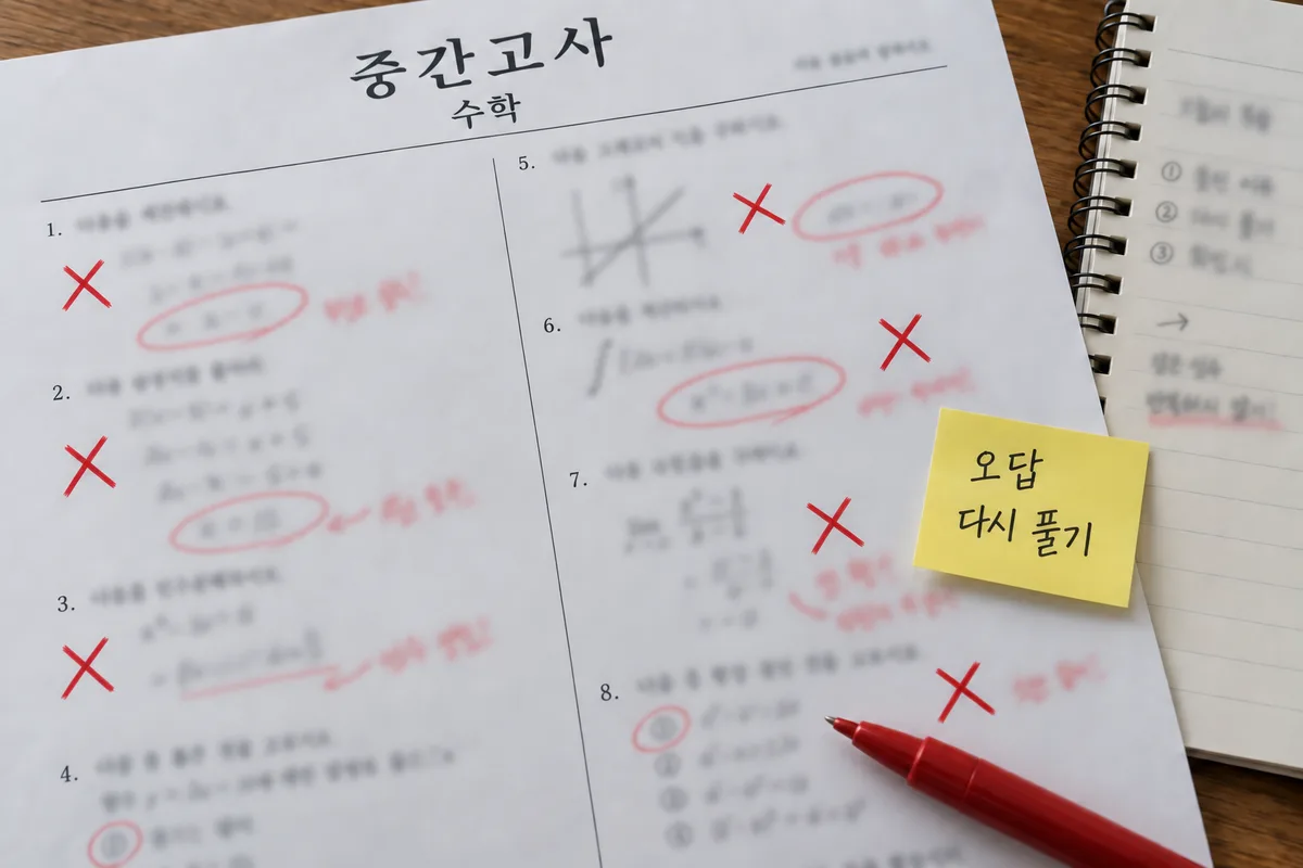 빨간 X 표시가 여러 곳에 있는 중간고사 수학 예시 시험지와 오답 다시 풀기 메모, 빨간 펜을 강조한 AI 생성 사진풍 이미지