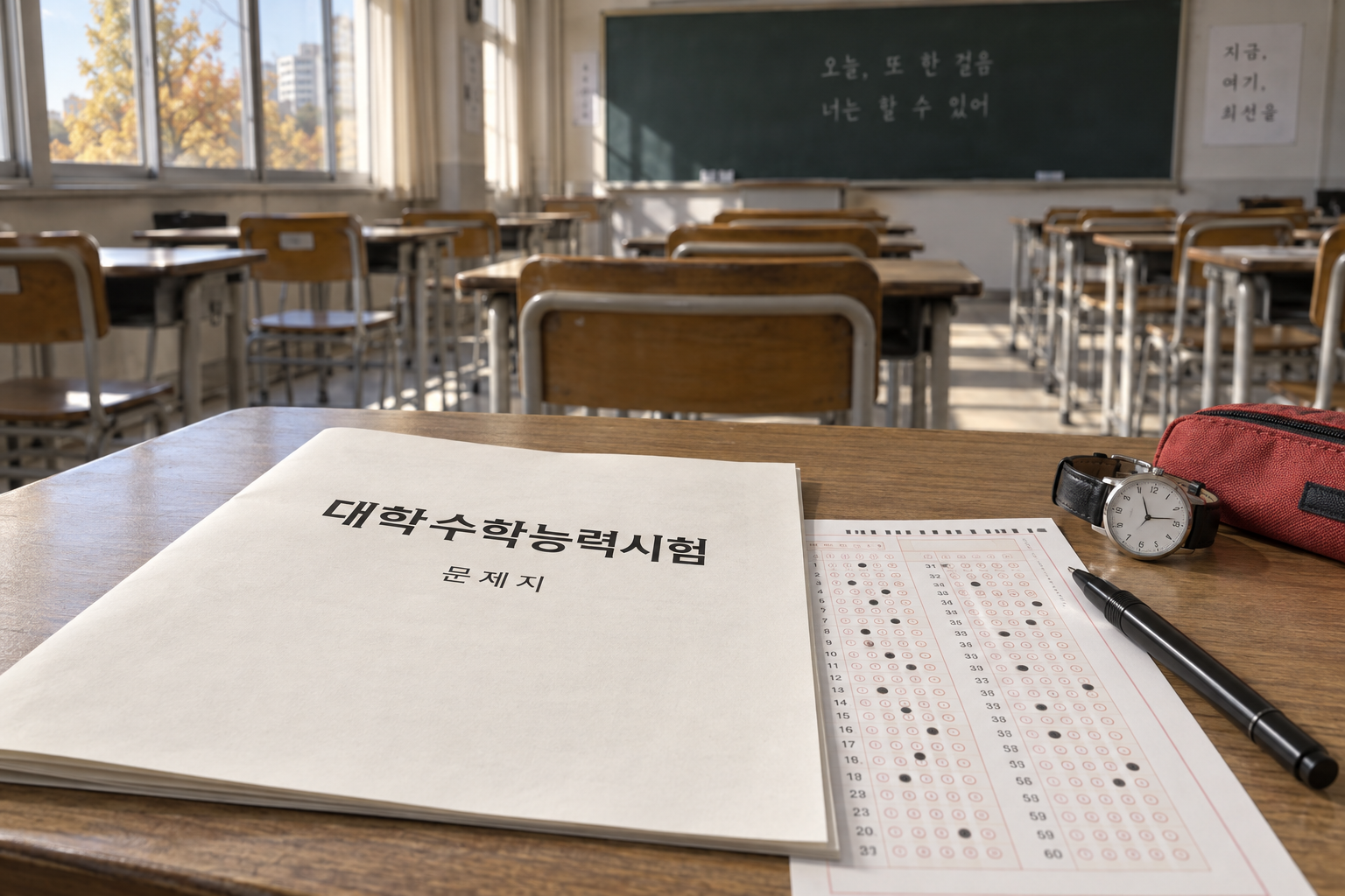 가을 햇살이 드는 학교 시험장 책상 위에 대학수학능력시험이라고 적힌 예시 문제지와 OMR 답안지, 검정 펜, 아날로그 손목시계가 놓인 사진풍 이미지